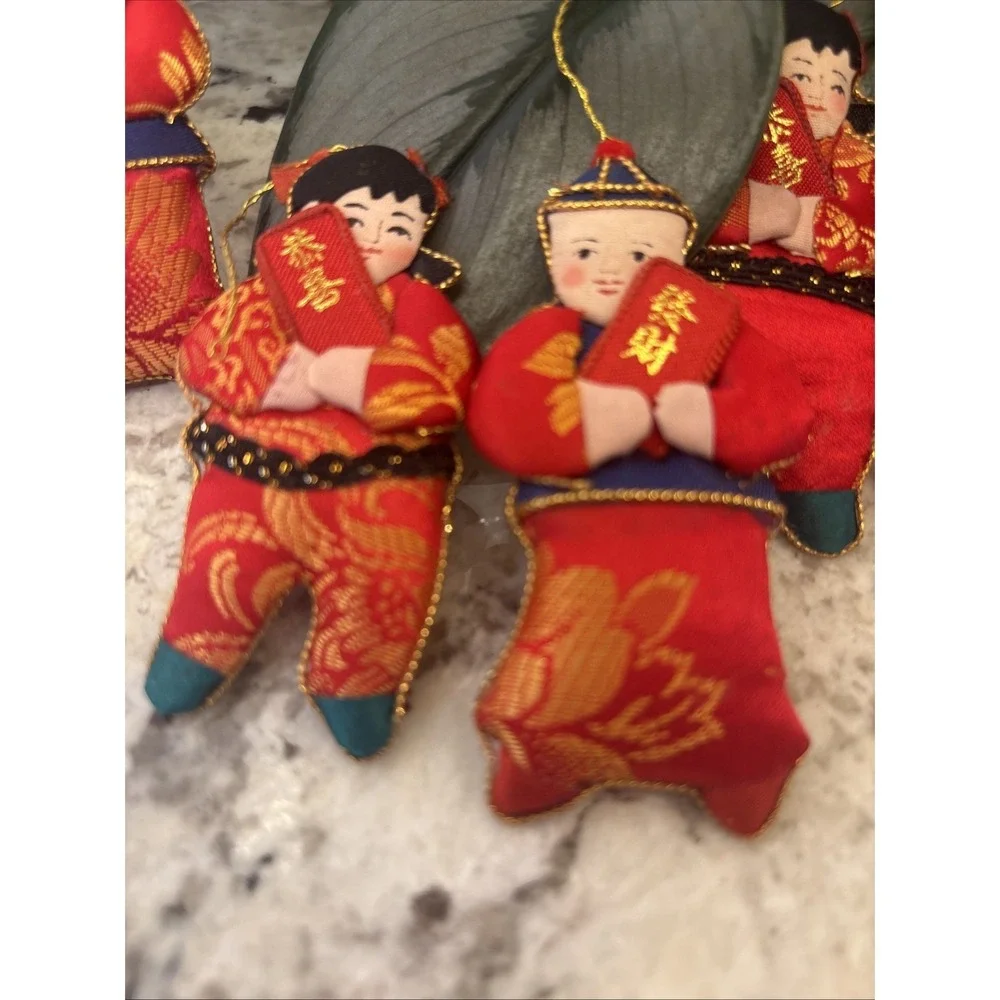 6 Silk Embellished Christmas‎ Ornaments Asian Children Chinese Lunar New Year